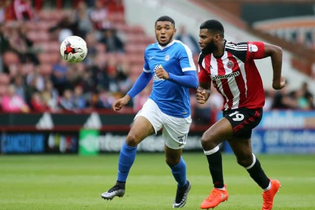Deon Moore during his Football League debut for Posh at Sheffield United. Photo: Joe Dent/theposh.com.