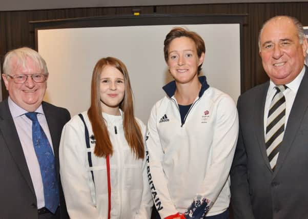 Pictured at the Peterborough SportsAid lunch are from the left, chairman Iain Crighton, Jaden Harris, Hannah Macleod and vice-chairman Phil Elmer.