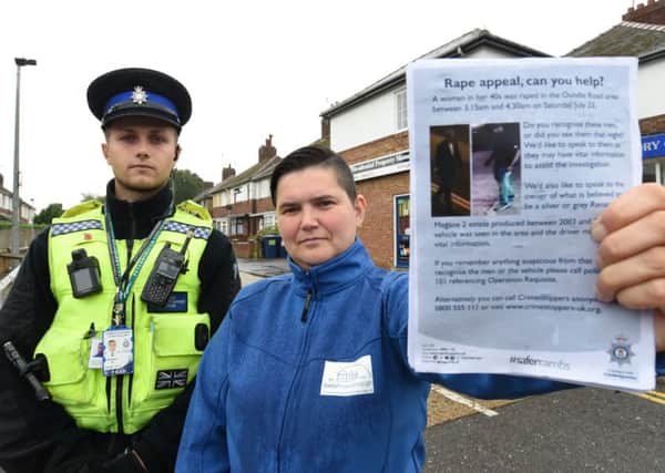 PCSO Ben Jex and PCC prevention and enforcement officer Kat Starbuck handing out leaflets in Woodston relating to a rape in the area in July EMN-160919-171405009
