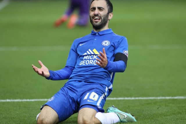Erhun Oztumer celebrates a goal for Posh against Doncaster. Photo: Joe Dent/theposh.com.