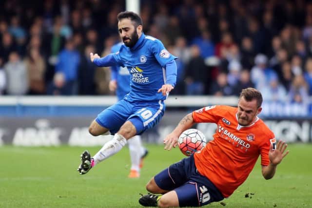 Erhun Oztumer in action for Posh in an FA Cup tie against Luton. Photo: Joe Dent/theposh.com.