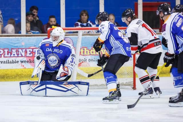 Janis Auzins makes a save against the Bison. Picture: Tom Scott