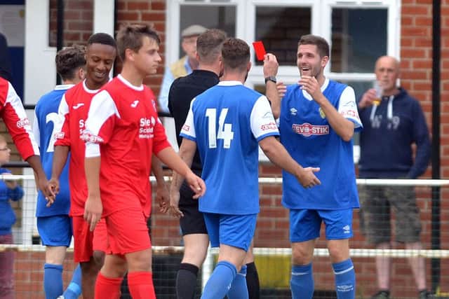 Neal Spafford of Spalding receives his red card towards the end of the draw with Gresley. Photo: Tim Wilson.