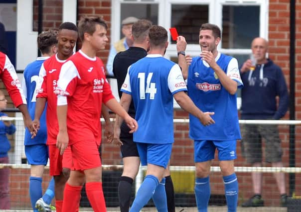 Neal Spafford of Spalding receives his  red card towards the end of the draw with Gresley. Photo: Tim Wilson.
