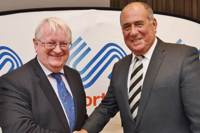 Iain Crighton (left) with the new SportsAid chairman Phil Elmer.