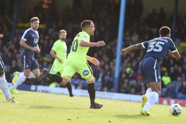 Paul Taylor on the burest for Posh at Southend. Photo: David Lowndes.