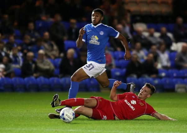 Deon Moore on the attack for Posh on his debut against MK Dons. Photo: Joe Dent/theposh.com.