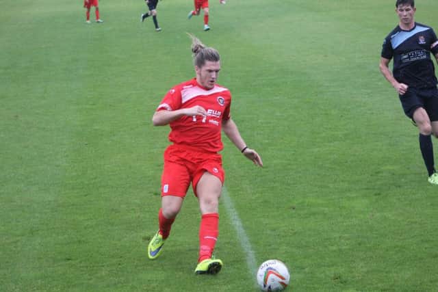 Oliver Hill-Brown converted a last-minute penalty for Stamford AFC at AFC Mansfield. Photo: John Feetham.