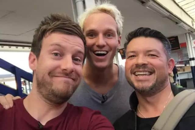 Chris Ramsey and Jamie Laing recruited a hairdresser to join them for a #HaircutOnATrain challenge.