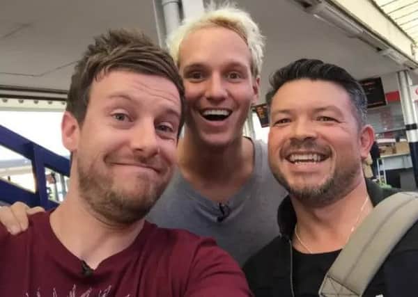Chris Ramsey and Jamie Laing recruited a hairdresser to join them for a #HaircutOnATrain challenge.
