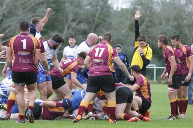 The Peterborough Lions are awarded a try against Towcester. Photo: Mick Sutterby.