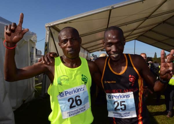 First two home in the 2016 Great Eastern Run were Shadrak Korir (left) and Gideon Kimosop. Photo: David Lowndes.