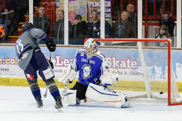 Sheffield man-of-the-match Liam Kirk scores against Phantoms in the penalty shoot out. Photo: Tom Scott - AMOimages.com.