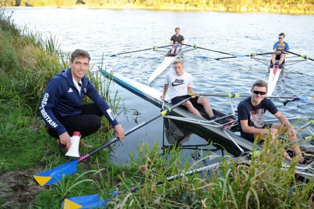 James Fox (on bank) with Benjamin Mackenzie and Harry Masterson on his return to Peterborough City Rowing Club.