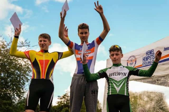 Fenland Clarion youngster Jerry Norman (left) on the podium at Hemel Hempstead.