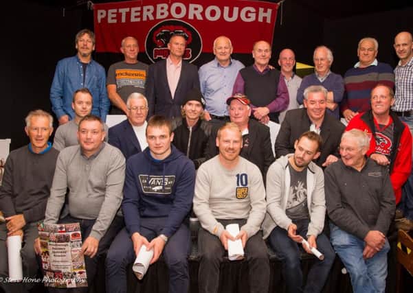 Panthers past and present at the club re-union: back row, left to right, Sam Ermolenko, Darren Tupper, Neil Cotton, Frank Smith, Brian Clark, Andy Hines, Mick Hines, Trevor Swales, Mark Blackbird, middle row, Kenneth Bjerre, Pete Saunders, Kenneth Hansen, Richard Greer, Sean Barker, Nigel Flatman, front row, Kevin Hawkins, Ged Rathbone, Ollie Greenwood, Carl Johnson, Danny King and Pete Seaton. Picture: STEVE HONE.