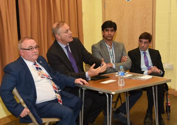 Parnwell public meeting. Left to right: Cllr Wayne Fitzgerald, Stewart Jackson MP and ward councillors Cllr Azher Iqbal and Cllr Marcus Sims