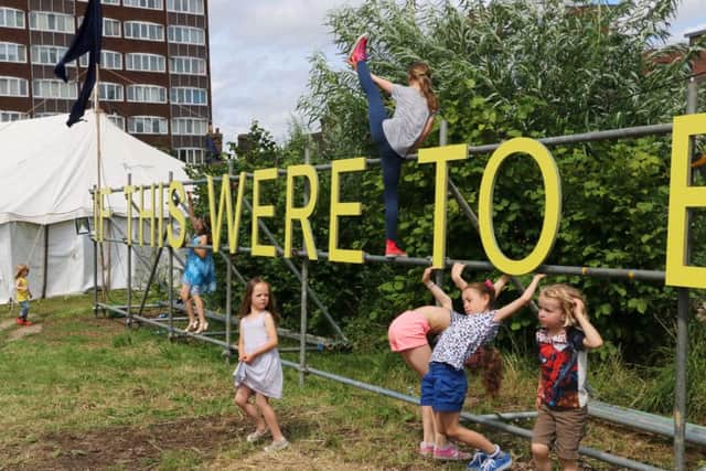 Jessie Brennan_If This Were to Be Lost_2016_Painted birch plywood on scaffold_1-9 x 19 m_situated at The Green Backyard_Photograph by Jessie Brennan