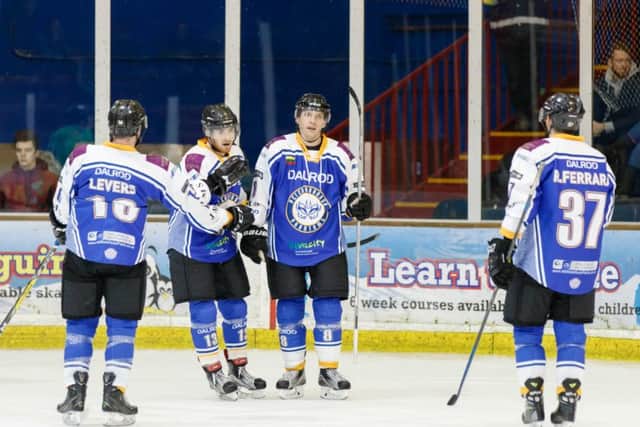 Four-goal Darius Pliskauskas celebrates his final marker with team-mates Marc Levers, James White and Robert Ferrara. Picture: Tom Scott