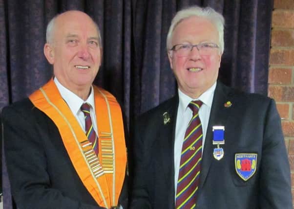 New Northants Bowling Federation president Tony Mace (left) with outgoing president Bob Warters.
