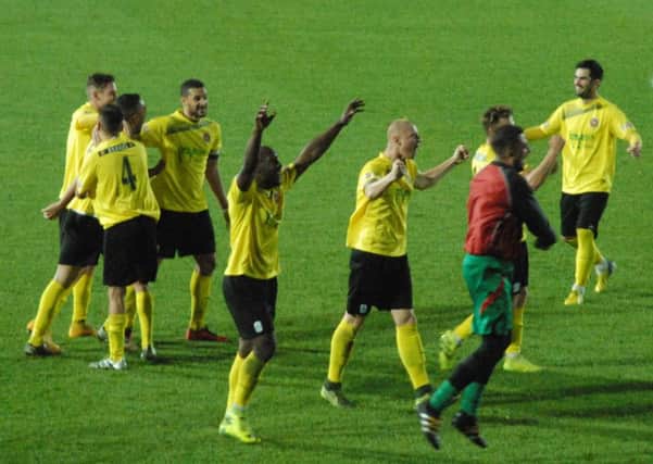 Stamfod celebrate their famous FA Cup win at Wrexham.