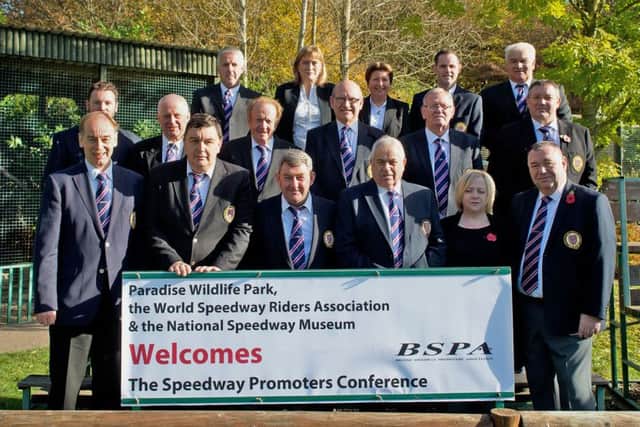Peterborough's Trevor Swales (back right) and Ged Rathbone (middle right) at the speedway promoters annual meeting.