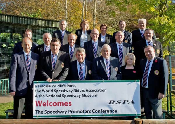 Peterborough's Trevor Swales (back right) and Ged Rathbone (middle right) at the speedway promoters annual meeting.