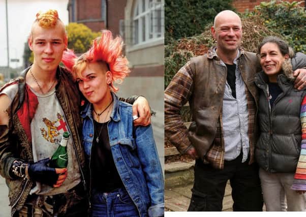 Pink Mohican Wins Pizza Eating - Original Pic 1985/ Reunion Pic July 2016
Punk Badger Farcue can still remember winning the Pizza Eating Competition
in Cathedral Square in Peterborough in 1985. The contest was organised by
Stefan Malajny, who ran the Papa Luigi pizza restaurant. Stefan said: "I
remember Badger managed to eat his pizza in about two minutes, which was
very fast." Badger was 20 at the time of the contest and worked as a
labourer, building dry stone walls. He said: "My friends encouraged me to
enter and we had to try and eat a 12-inch cheese and tomato pizza as
quickly as possible. I won and got a round of applause and front page of
the local paper." Badger, who has five children, moved to Somerset in 1991 and now tarmacs roads.
