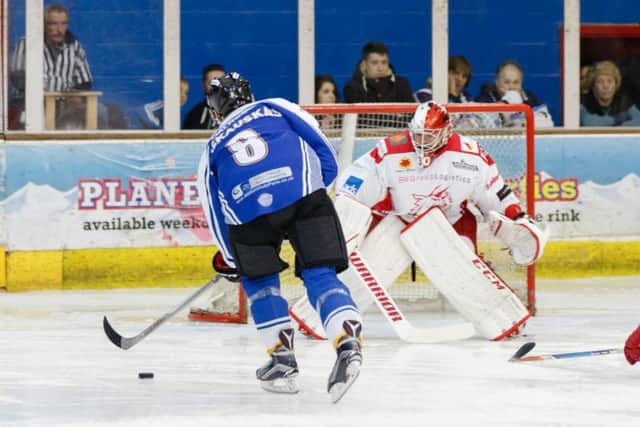 Darius Pliskauskas is about to open the scoring for Phantoms against Swindon. Photo: Tom Scott - AMOimages.