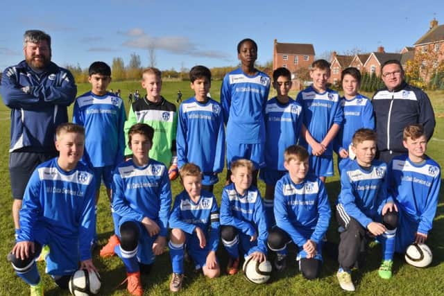 Hampton Blue Under 13s are pictured before their 1-0 PFA Cup win over Glinton & Northborough Black. From the they are, back, Mike Jarvis, Jamal Najfi, Aiden Brooks, Mikail Jessa, Louis Kashiri, Amaan Akbar, Jack Walton, Bradley McAvoy, Chris Atkinson, front, Jack Jackson, Owen Braithwaite, Sam Turner, Daniel Groom-Smith, Joe Jarvis, Ben Atkinson and Nathan Bellamy.