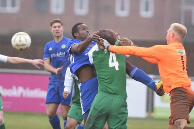 Action from Peterborough Sports' FA Vase win against Biggleswade. Photo: David Lowndes.