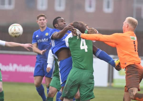 Action from Peterborough Sports' FA Vase win against Biggleswade. Photo: David Lowndes.
