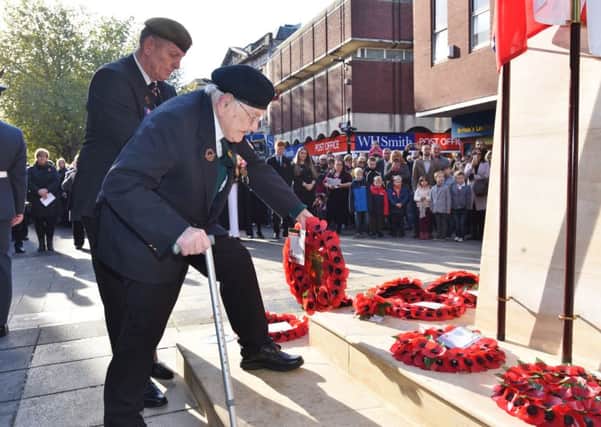 Remebrance Day 2016 services in the city centre and Cathedral. Tony Foster laying a wreath EMN-161113-172843009