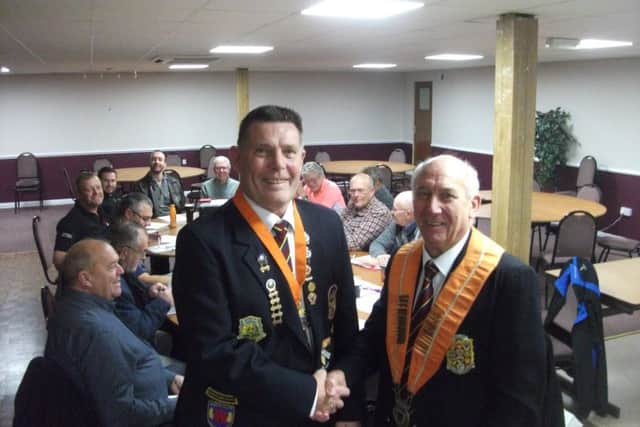 Dick Noble (left) pictured with Northants Bowling Federation president Tony Mace following his election as deputy president.
