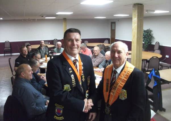 Dick Noble (left) pictured with Northants Bowling Federation president Tony Mace following his election as deputy president.