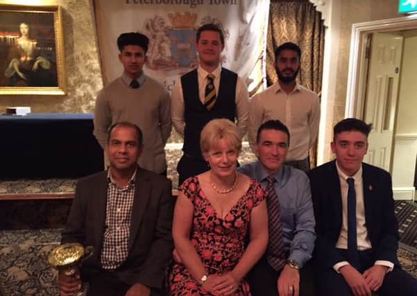 Some of the Peterborough Town CC prize winners: back left to right, Sohail Hayat, Joe Dawborn, Nadir Haider, front Vengupal Prabhakan, sponsors June and Steve Best, Kieran Judd.