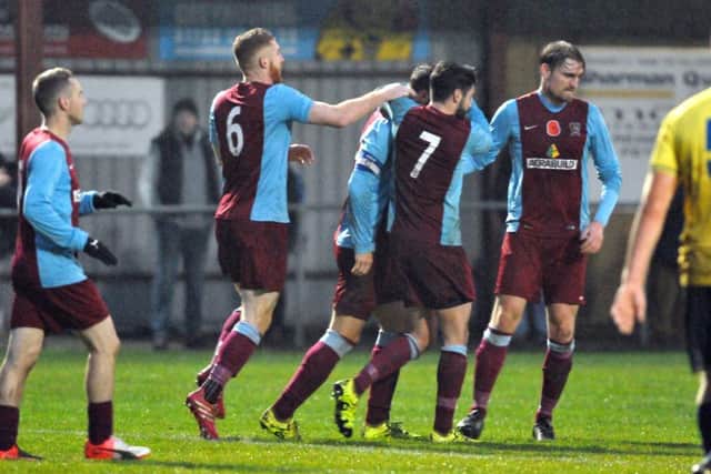 Deeping Rangers players celebrate a goal in last weekend's 4-0 win over Wellingborough. Photo: Tim Wilson.