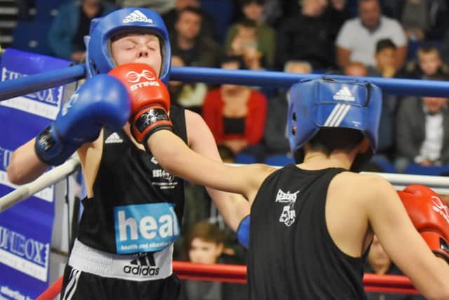 Ouch! Ben Hutson takes it on the chin during his skills bout with Levi Smith from the Allcomers ABC. Picture: David Lowndes