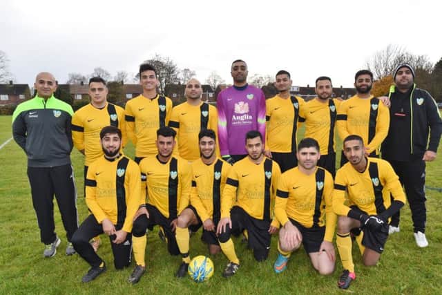 FC Peterborough before their win over Brotherhood Sports. (No order): Imtiaz Ali, Mohammed Younis, Asam Ali, Anees Ahmed, Azad Hamid, Faizal Ur-Rehman, Hamad Javed, Zohaib Iqbal, Hamza Akram, Talham Muhammed, Arslan Ali, Jihad Hassan, Azi Sharifi, Klodjan Memaj, Zahid Choudhary.