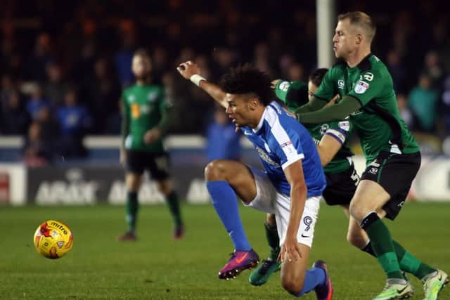 Posh striker Lee Angol in action against Scunthorpe. Photo: Joe Dent/theposh.com.