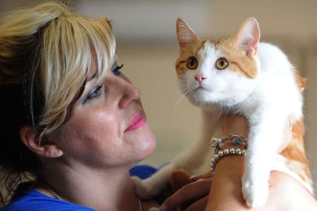 Cats Protection League volunteer Sheridan Gaunt holds unwanted pet Arthur, during a rehoming event at Loxley Community Centre, Werrington. ENGEMN00120130408173211