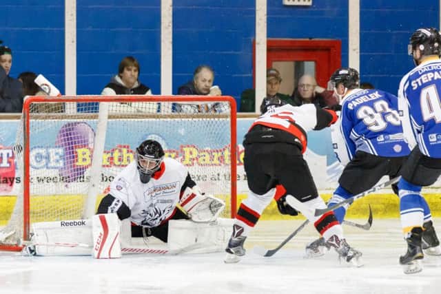 Ales Padelek fires the puck home to take the score to 7-1 against Manchester. Pucture: Tom Scott