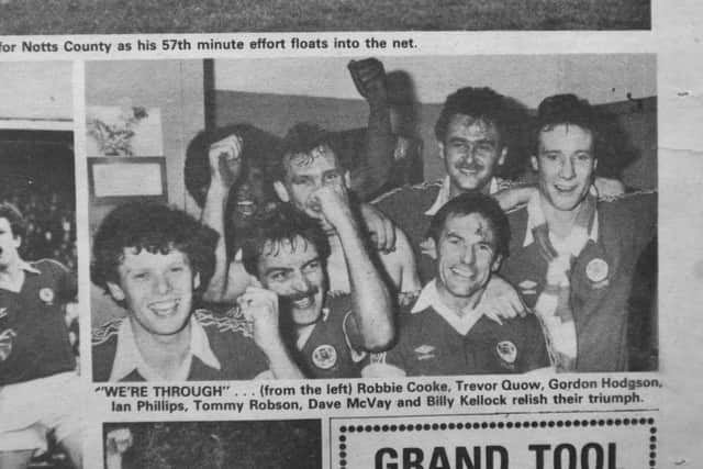 Posh players after their 1981 FA Cup win at Notts County. From left, Robbie Cooke, Trevir Quow, Gordon Hodgson, Ian Phillips, Tommy Robson, Dave McVey & Billy Kellock.