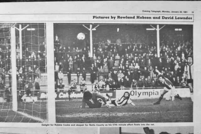 Posh striker Robbie Cooke scores the only goal of the game as Posh win an FA Cup tie 1-0 ay Notts County in 1981.