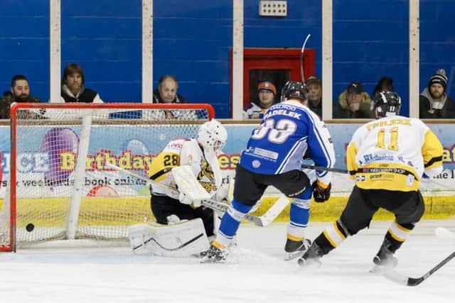 Man-of-the-match Ales Padelek scores the first of his hat-trick against Bracknell Bees. Picture: Tom Scott