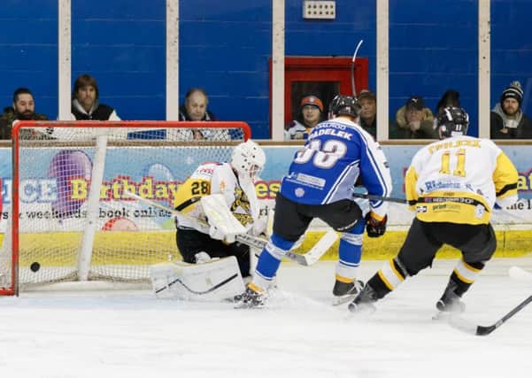 Man-of-the-match Ales Padelek scores the first of his hat-trick against Bracknell Bees. Picture: Tom Scott