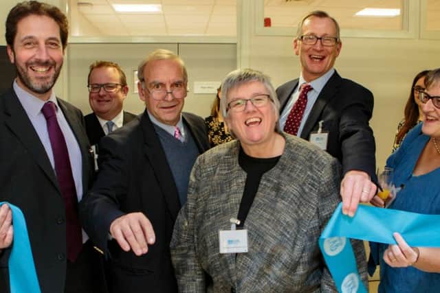 Innovation Lab Launch, Caroline Hyde, Steve Bowyer, Chris Curry, Baroness Stedman-Scott, Tim Jones and Monica Grady hold the ribbon as the Baroness officially opens the Innovation Lab.
Allia Future Business Centre, Peterborough
01/12/2016.
Picture by Terry Harris. THA
