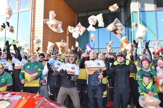 Members of local cyc;ling clubs taking part in the Teddy Bear Cycle Ride to the Amazon Ward at Peterborough City Hospital. EMN-160512-084607009
