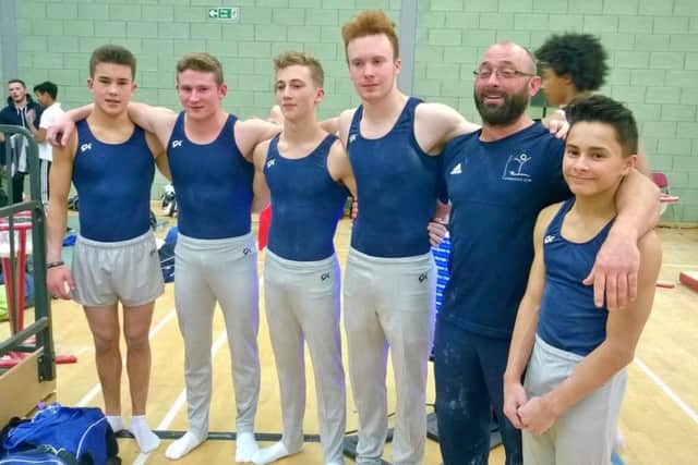The Huntingdon Gymnastics Club team. From the left are Harry ODriscoll (16), Patrick Murphy (16), Benji Eyre (18), Tony Duchars (18), coach Ben Howells and Jake Jarman (14).
