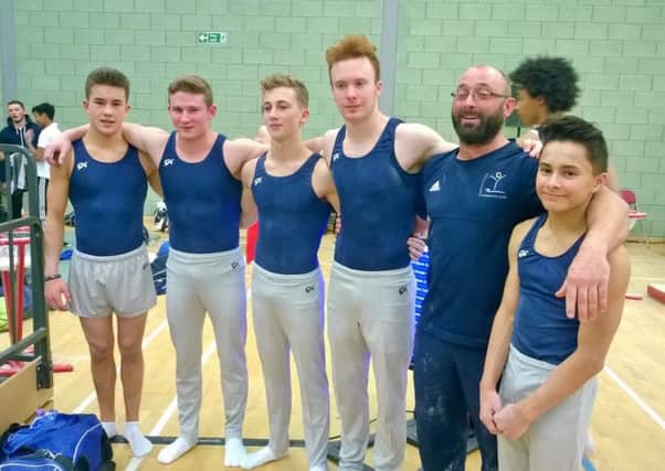 The Huntingdon Gymnastics Club team. From the left are Harry ODriscoll (16), Patrick Murphy (16), Benji Eyre (18), Tony Duchars (18), coach Ben Howells and Jake Jarman (14).